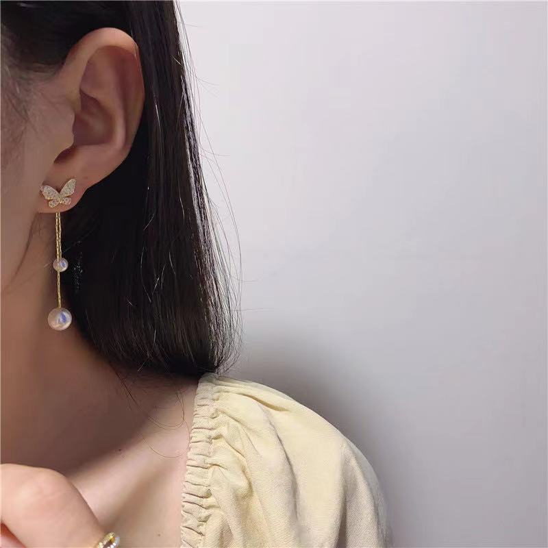 Gaya Korea 925 jarum perak Super fairy tertanam Berlian kupu-kupu kancing internet pengaruh panjang