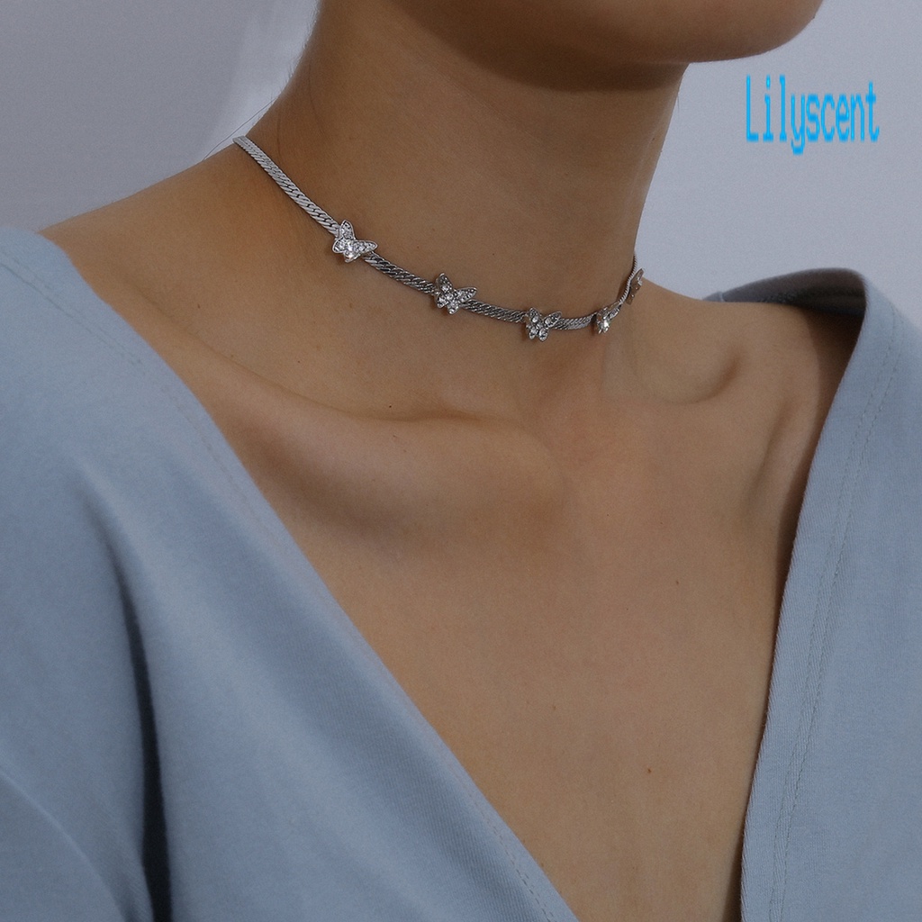 Kalung Choker Liontin Kupu-Kupu Aksen Berlian Imitasi Warna Solid Untuk Wanita