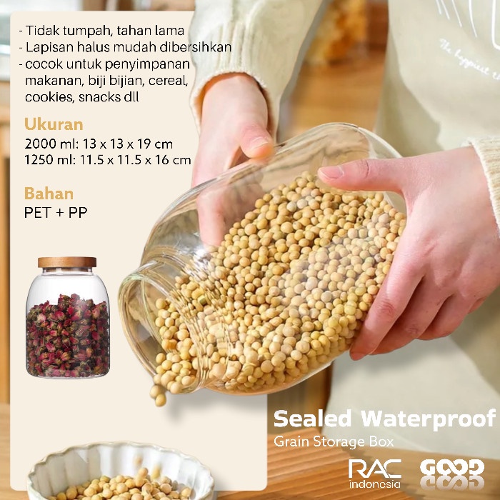 Toples Kaca Clear/ Bening Penyimpanan Makanan tutup kayu - 1860ml
