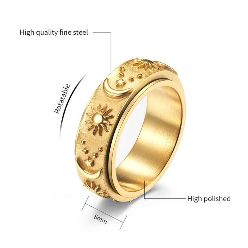 Fancyqube Cincin Fidget Spinner Desain Bulan Bintang Matahari Bahan Titanium Ukuran 8mm Untuk Pria Dan Wanita