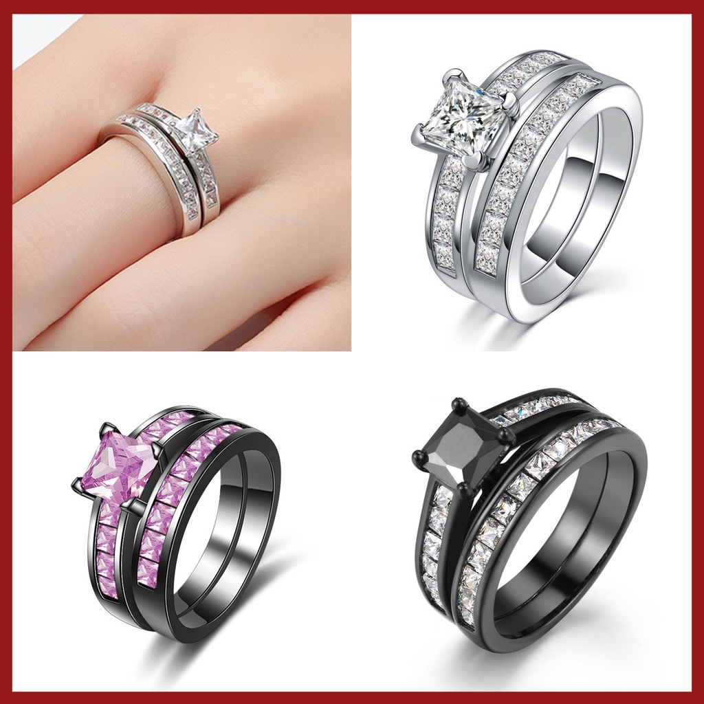 S925 Silver Jewelry Fashion Double Layer Ring Set Pink Zircon Black Gold Ring Jewelry