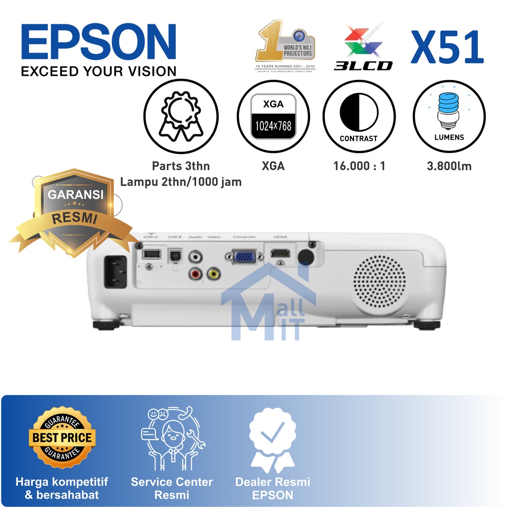 PROYEKTOR EPSON EB-X51 EBX51 EB X51 PENGGANTI EB X450 EB-X450 EBX450  XGA 3800 Lumen