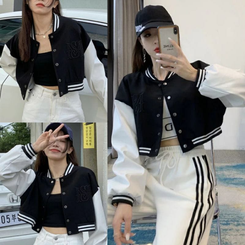 MISS BISBOL CROP BORDIR JAKET CEWE - BASEBALL BW JAKET VARSITY CROP FLEECE