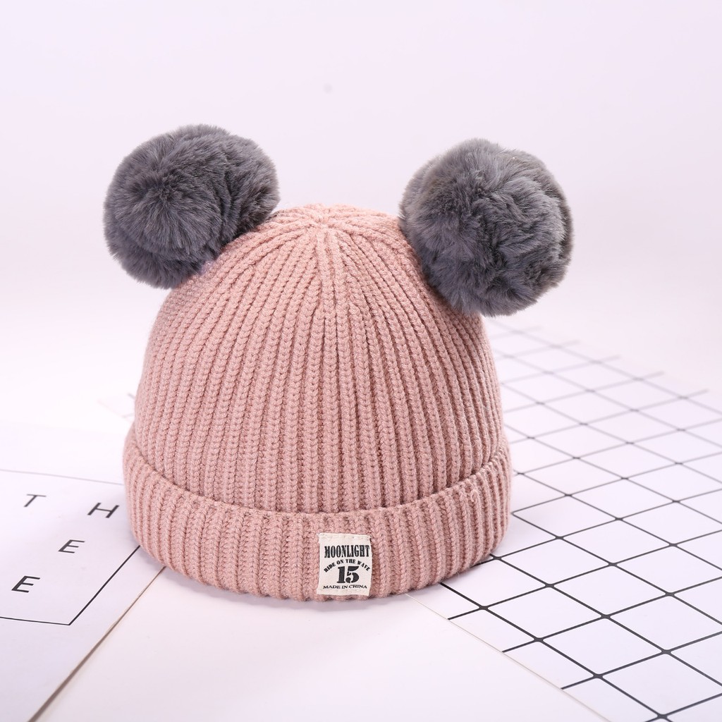 OSM JKT T657 Topi Rajut Pompom Bulu Anak / Topi Kupluk Wool Rajut Hangat Bayi / Topi Anak Unisex-Pink