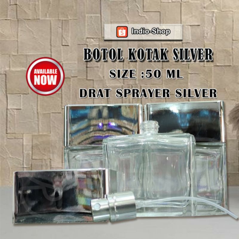 Botol Parfum kotak 50ml/Tutup silver/Kaca/Drat /Putar
