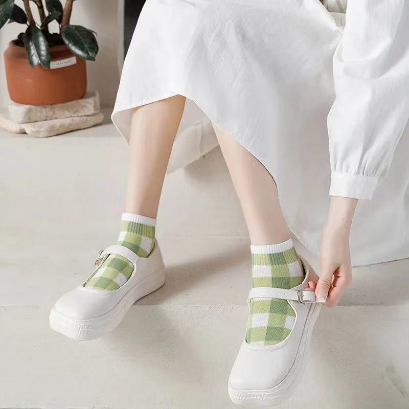 MOGYMOGY KS19  Kaos Kaki Wanita Motif Lemon Hijau Lumut Kotak Fashion Korea