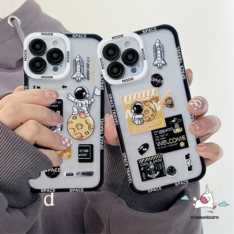 IPHONE Trendy Merek NASA Astronot Luar Angkasa Soft Phone Case Kompatibel Untuk Iphone14 11 13 12 Pro MAX 6 6S 78 Plus X XS MAX SE 2020transparan Bening Perlindungan Lensa Back Cover