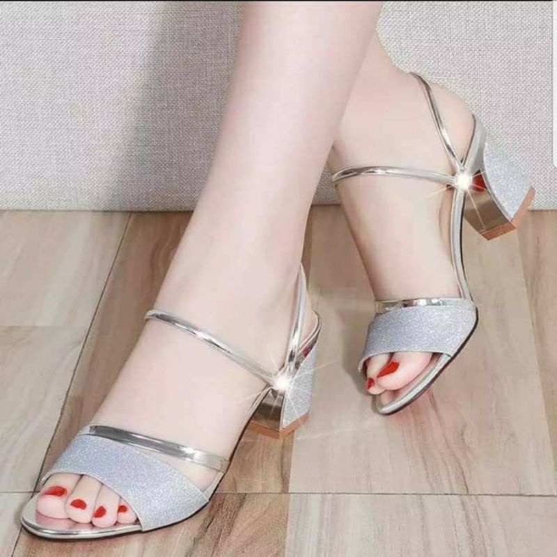 Sandal Wanita Pesta Gold Silver Hitam Pd377 Sandal Tali Depan Belakang