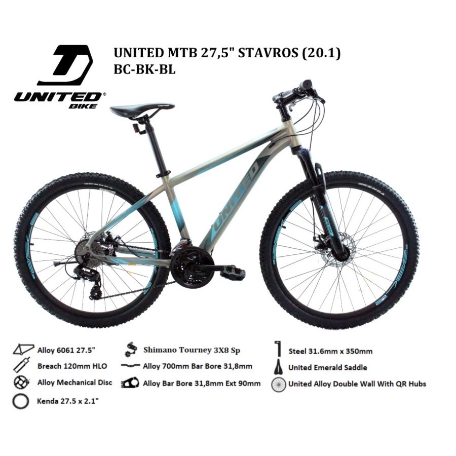 Sepeda Gunung 27,5 inch MTB UNITED STAVROS 3x8 speed Alloy Garansi SNI-3