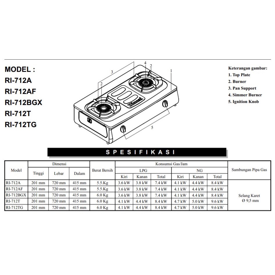 RINNAI KOMPOR GAS 2 TUNGKU RI712A PAKET SELANG REGULATOR