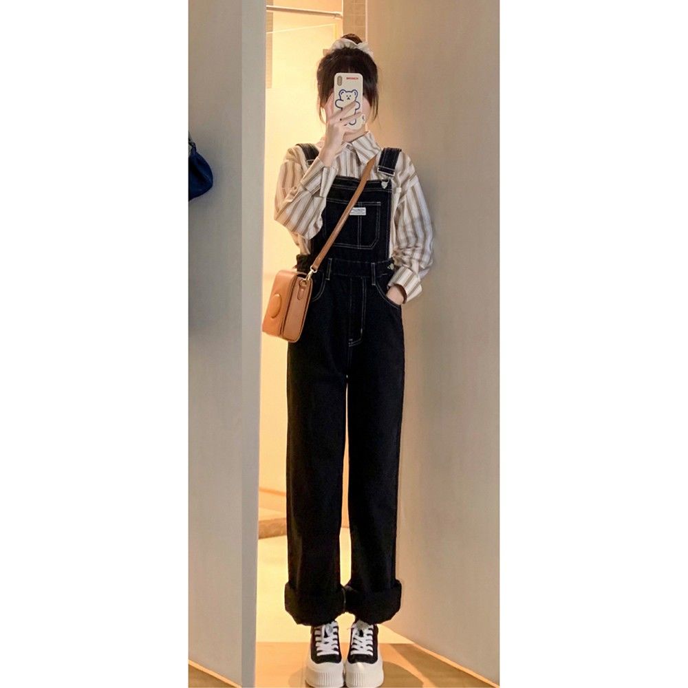 Overall denim wanita 150 kecil 2022 musim semi dan musim gugur versi Korea celana longgar hitam ping