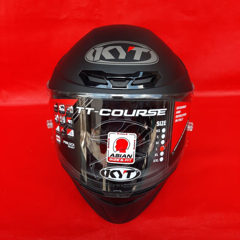 Helm KYT TT COURSE Hitam Doff Solid Black Matt Polos Original Visor Flat Clear Bening Ready Top Pinlock