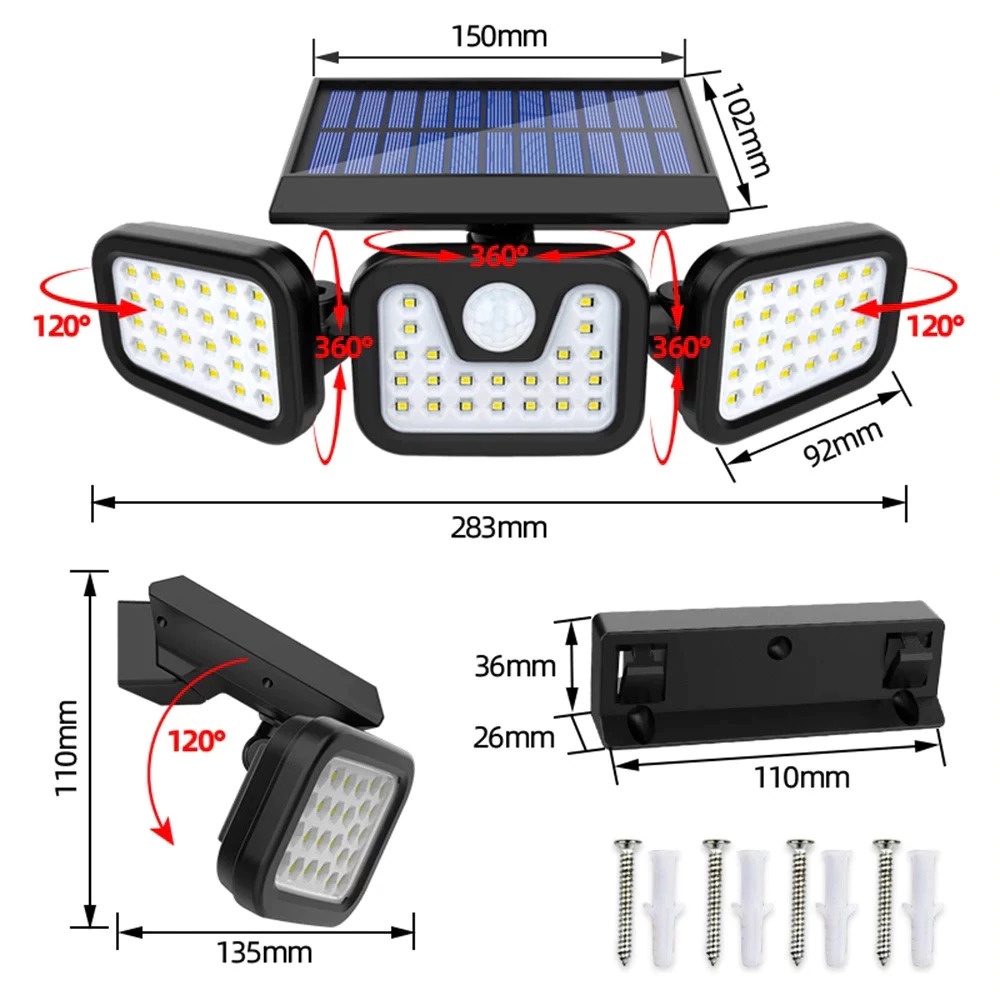 Lampu Solar Panel Sensor Gerak PIR Outdoor Waterproof 74 LED - FH-74A - 7RLL3TBK Black