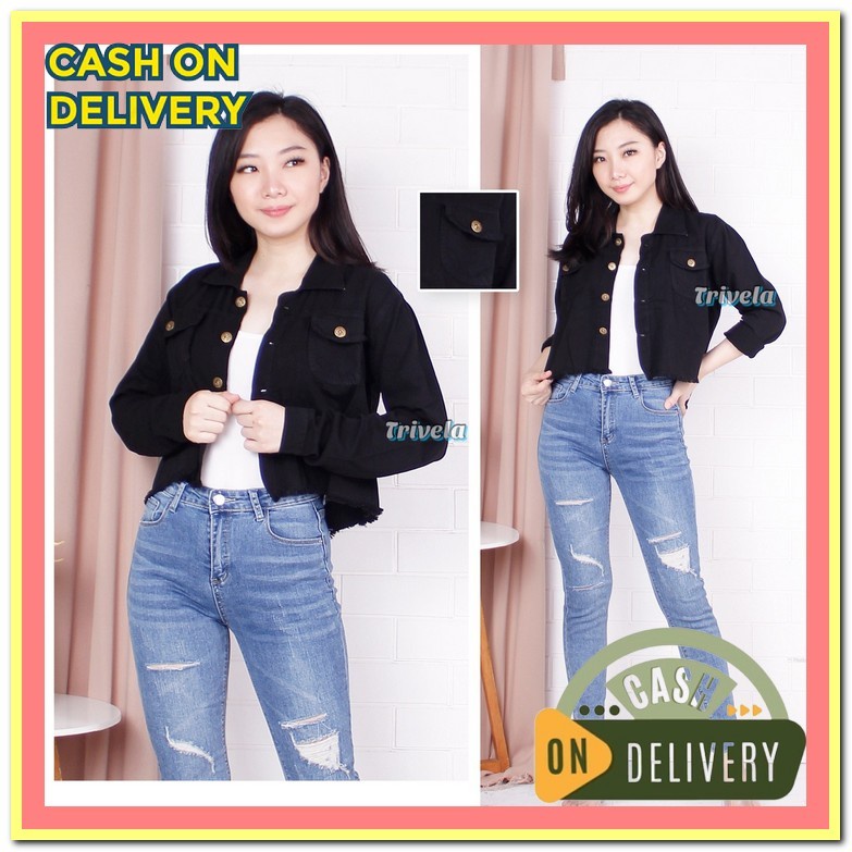 Jaket Jins Korean Style Wanita Jacket Jeans Over Size Jaket Jin Over S Jaket Jeans Crop Hitam Pekat 
