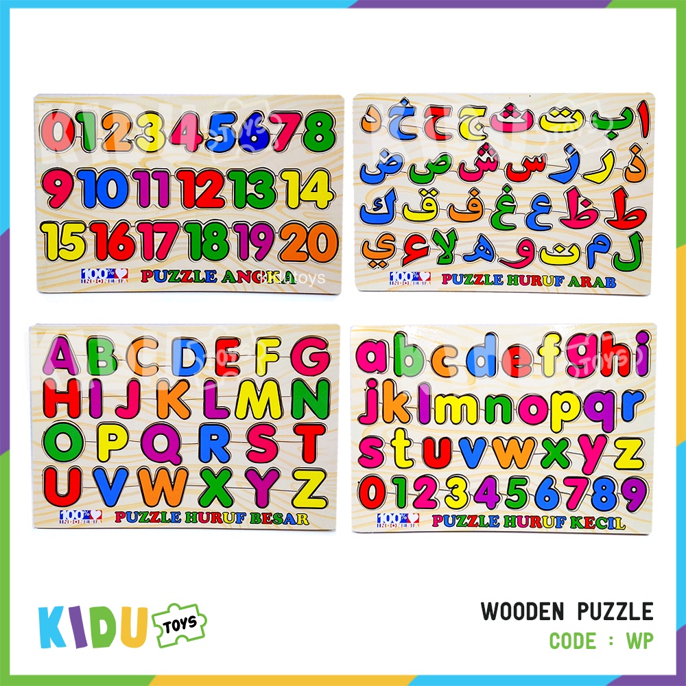 Mainan Puzzle Kayu Edukasi Huruf Hijaiyah Arab Kapital Besar Angka ABC 123 Number Letter Wooden Puzzle Kidu Toys