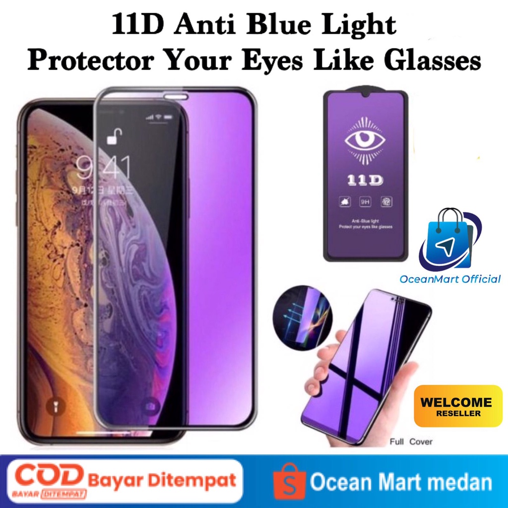 Tempered Glass 11D Anti Blue Light iPhone 6 Plus 7/8 XS 11 12 13 14 Mini Pro Max Anti Gores Kaca Anti Radiasi Full Cover screen Protector Pelindung Layar HP