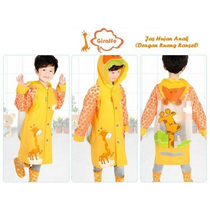 Coat | Jas Hujan Mantel Anak + Mantel Tas Ransel Pvc Motif Orange Jerapah