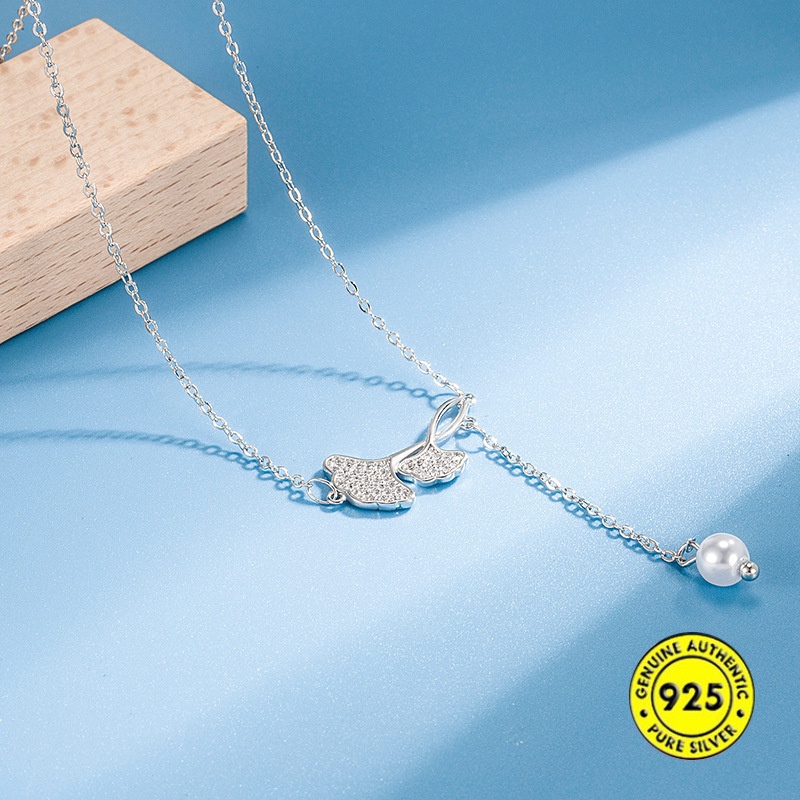 Kalung Rantai Emas 18K Dengan Liontin Daun Ginkgo + Mutiara Untuk Wanita