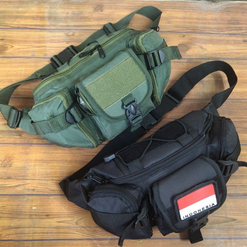 tas waist bag - waistbag pinggang tactical army plus patch rubber