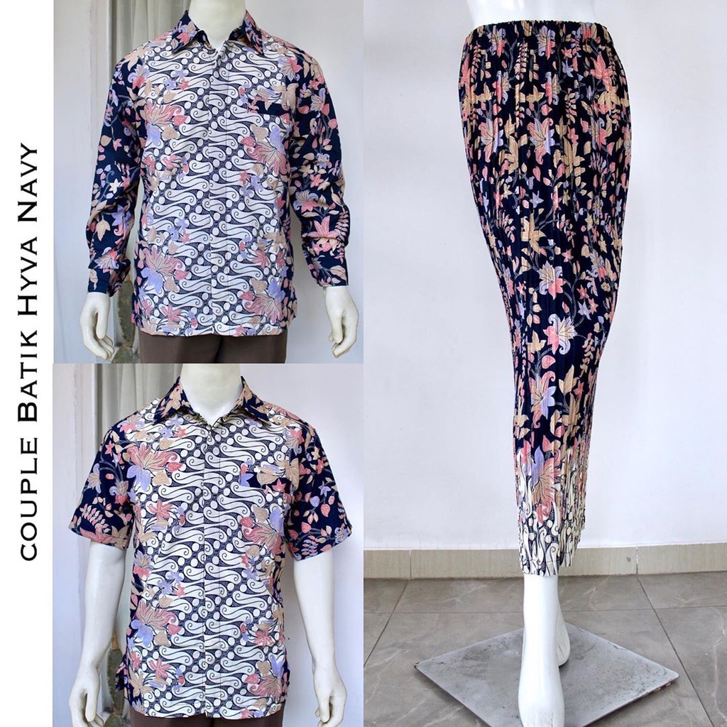 Couple Kemeja Batik Pria Dan Rok Plisket Bawahan Kebaya Motif Bugenvil Navy