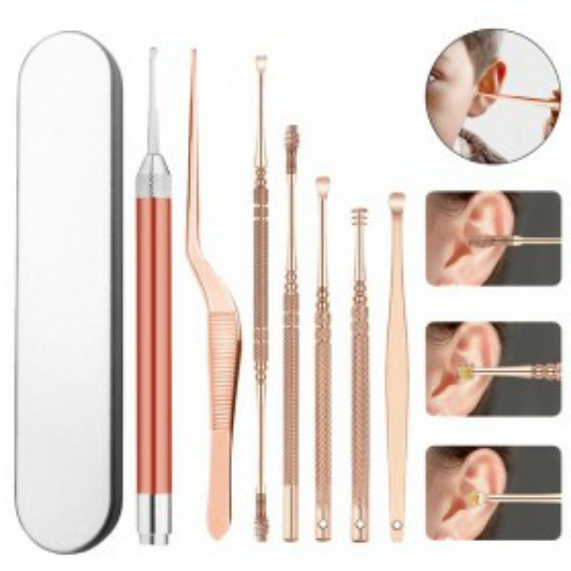 Pembersih Telinga Korek Kuping Ear Spoon Wax Picker with LED Light 7 PCS - JC9 - Rose Gold