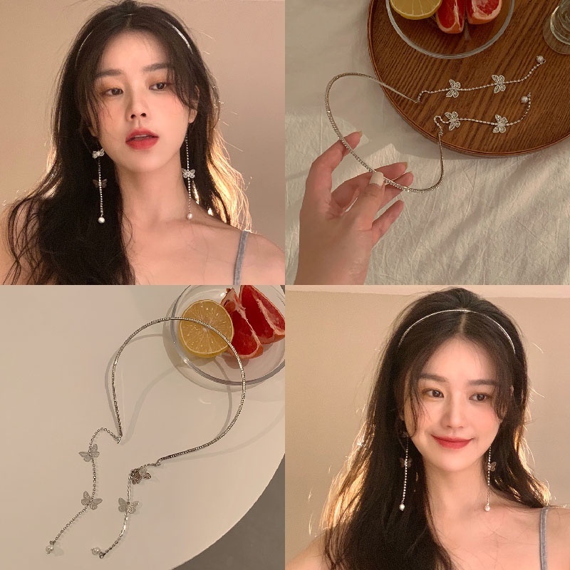 Bando Wanita Desain Kupu-Kupu Hias Kristal / Berlian Imitasi + Rumbai Gaya Elegan Anti Slip Untuk Pesta / Pernikahan