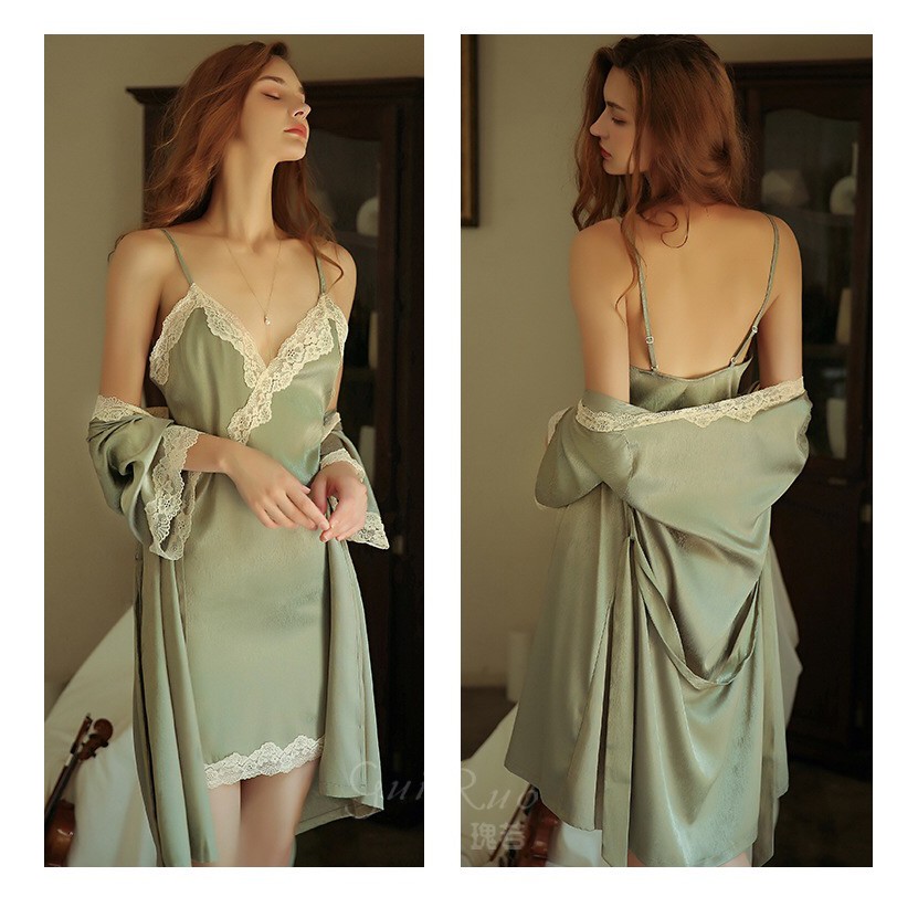 Women Lace Satin V-neck Night  Dress 8144 (M/L)