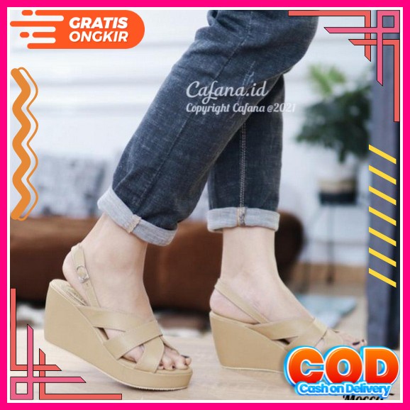 Sepatu Sandal Wanita Spatu Sendal Cewek Wedges Tali Velcro Hak Sol 3 Cm Karet Lentur Empuk Import Dn