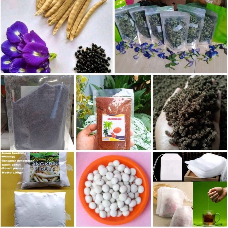 

paket murah 8produk bunga Telang/gula aren/tepung Garut/serbuk herbal telang