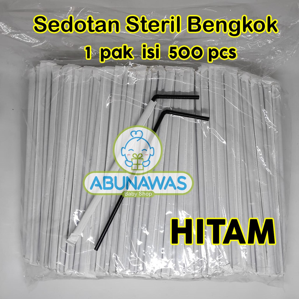 (500 pcs) Sedotan Steril Hitam Putih Bengkok Panjang 23 cm Sedotan Pudot Bungkus Kertas