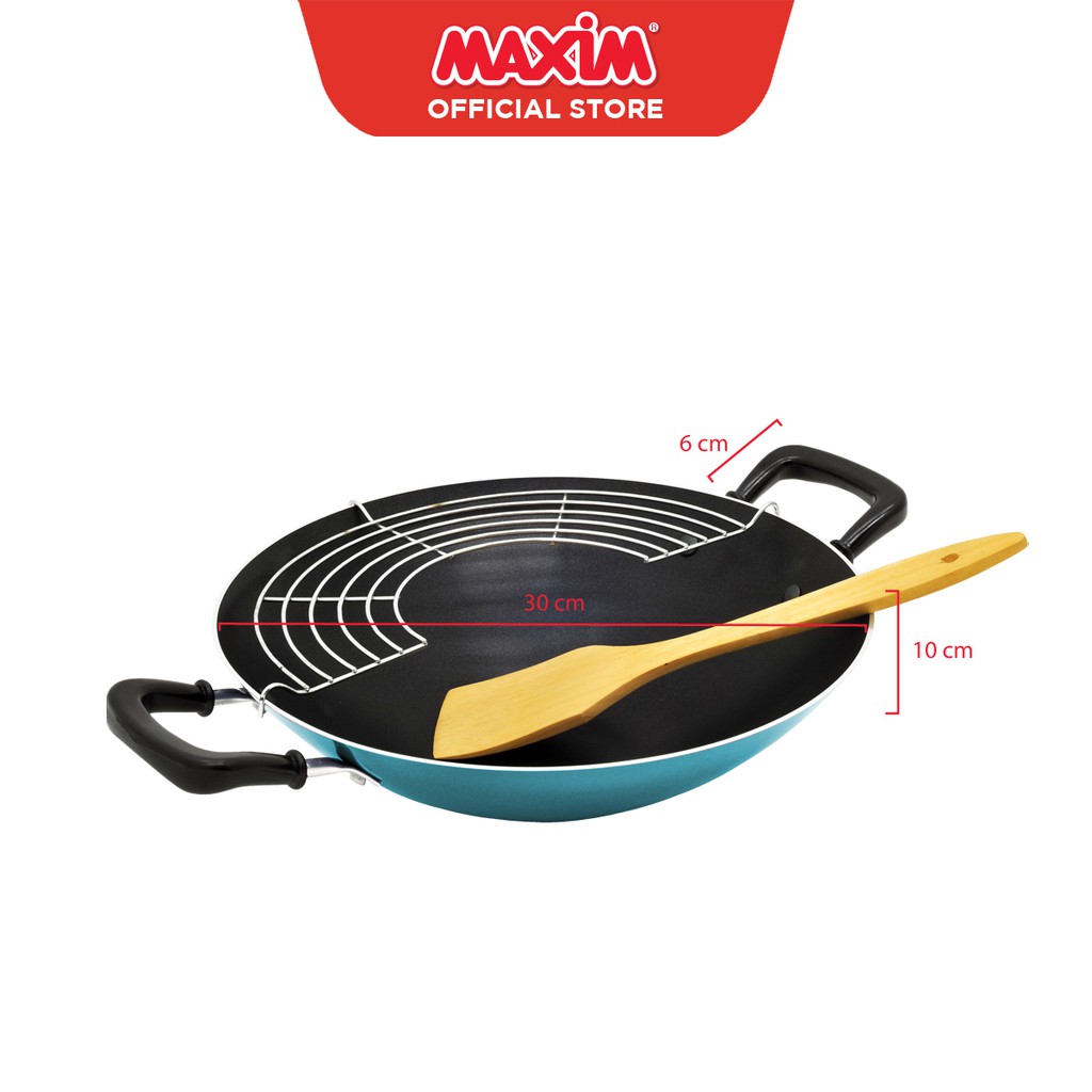 Maxim New EZP Wajan Penggorengan Teflon Anti Lengket 30cm Wok + Spatula Kayu + Tirisan Minyak