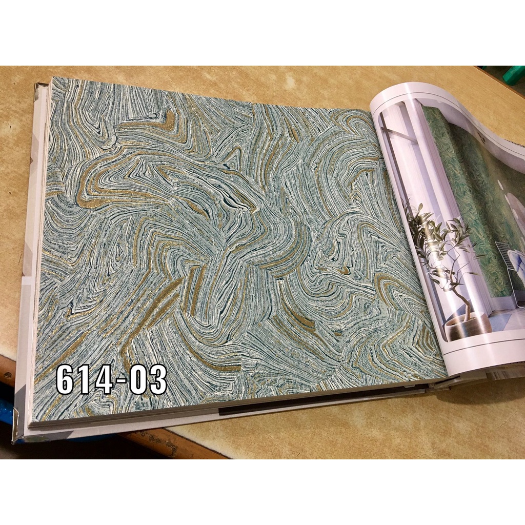 WALLPAPER DINDING MOTIF MARMER ABSTRAK HIJAU CREAM MODERN MOMENT