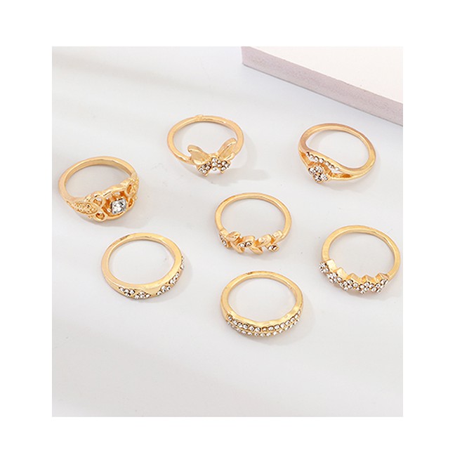 LRC Cincin Set Fashion Silver Alloy Rhinestone Leaf Butterfly Ring Set D34656