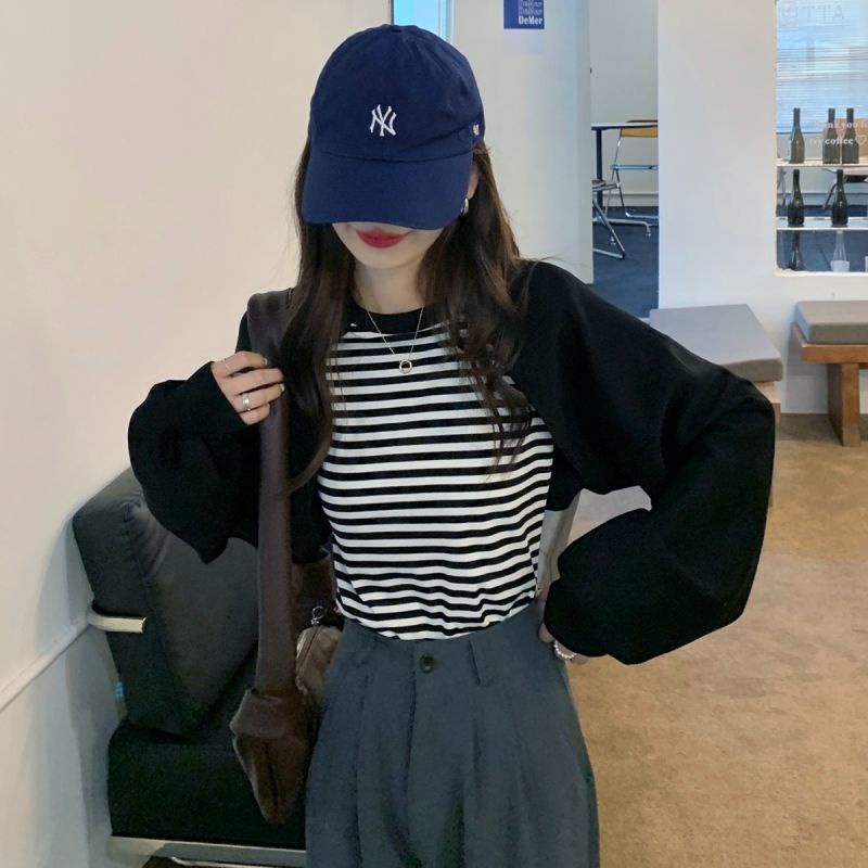 #Sisjuly# Wanita Gaya Korea Temperamen Jahitan Bergaris Palsu Dua Potong Sweater Wanita Musim Gugurm dan Musim