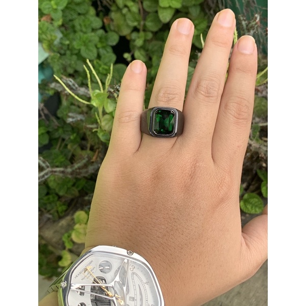 Cincin Pria Octagon Batu Emerald Green Cutting Akik Zamrud Hijau Ring Black Gun Platted Titanium Stainless Steel Tahan Luntur dan Karat