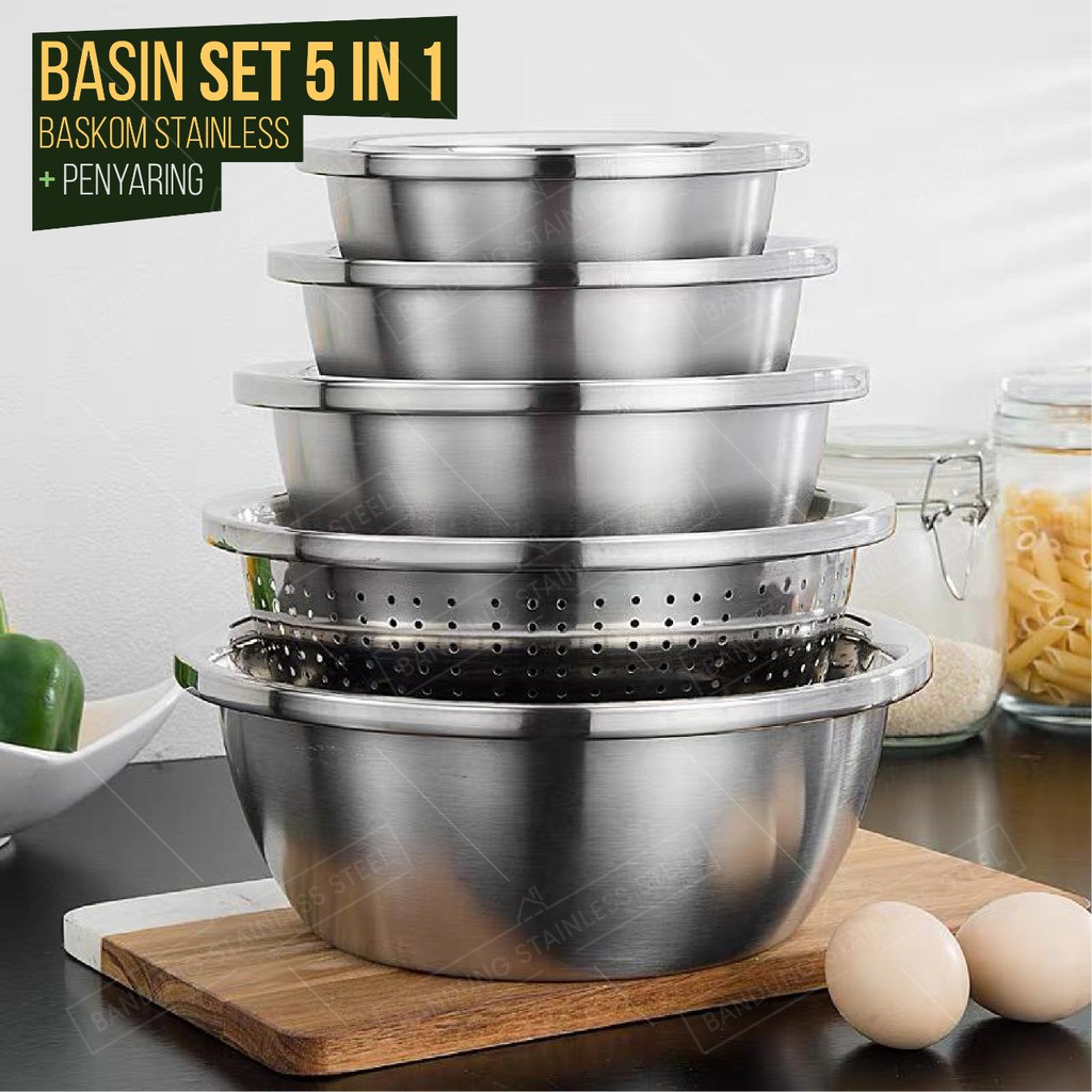 5pcs baskom set stainless tebal dapur lubang cuci beras sayur wadah makanan