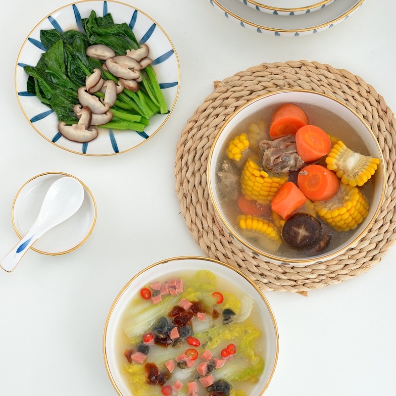 Piring set garis biru LIST GOLD isi 9pcs cocok buat hadiah free box