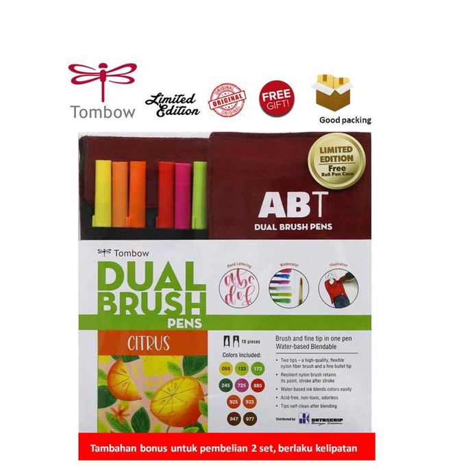 

(BISA COD) Tombow dual Brush Pen ABT, Citrus, set 10, free case BERKUALITAS Kode 274