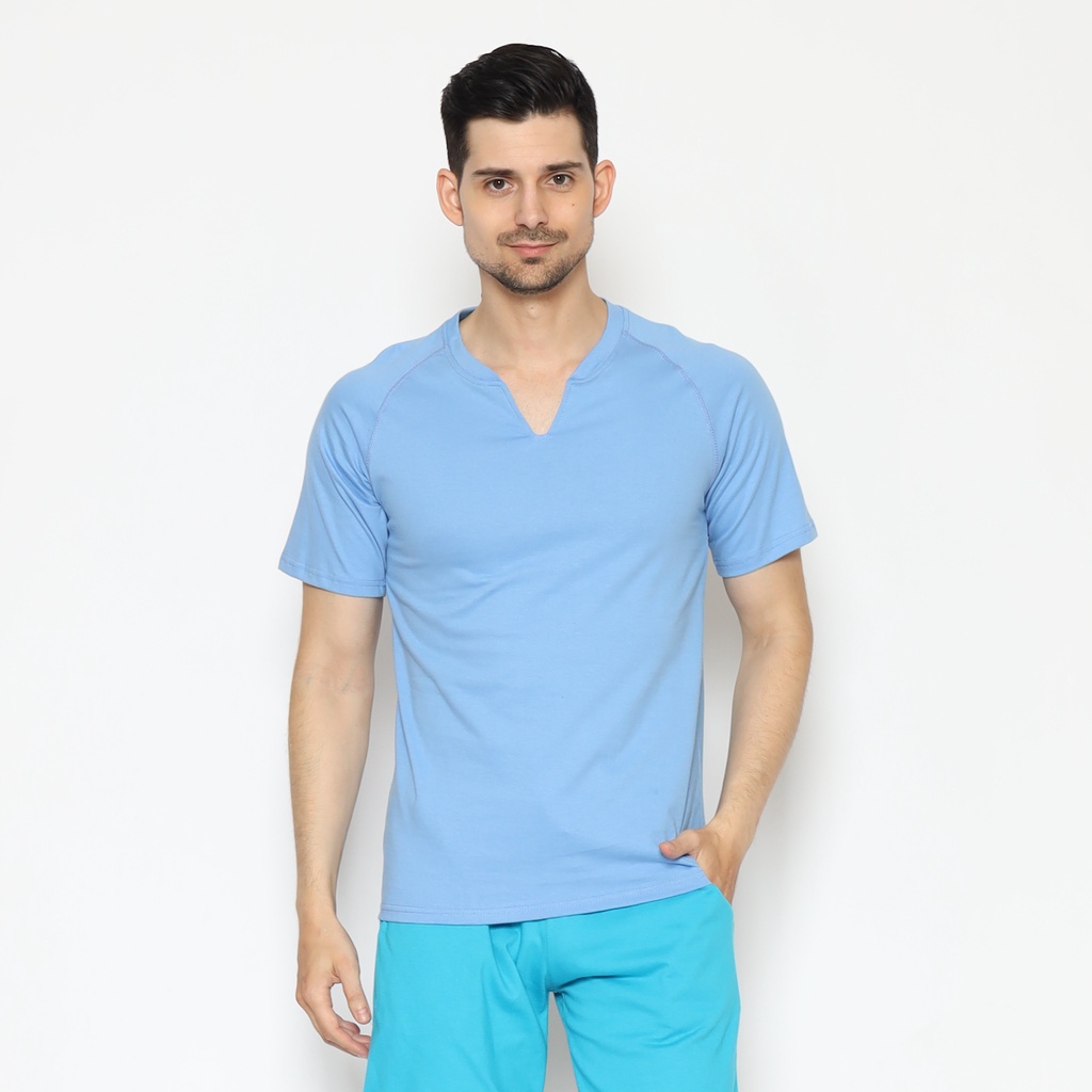 WokuWoku Baju Pantai Kerah V Santai Pria Biru WTS-001BR
