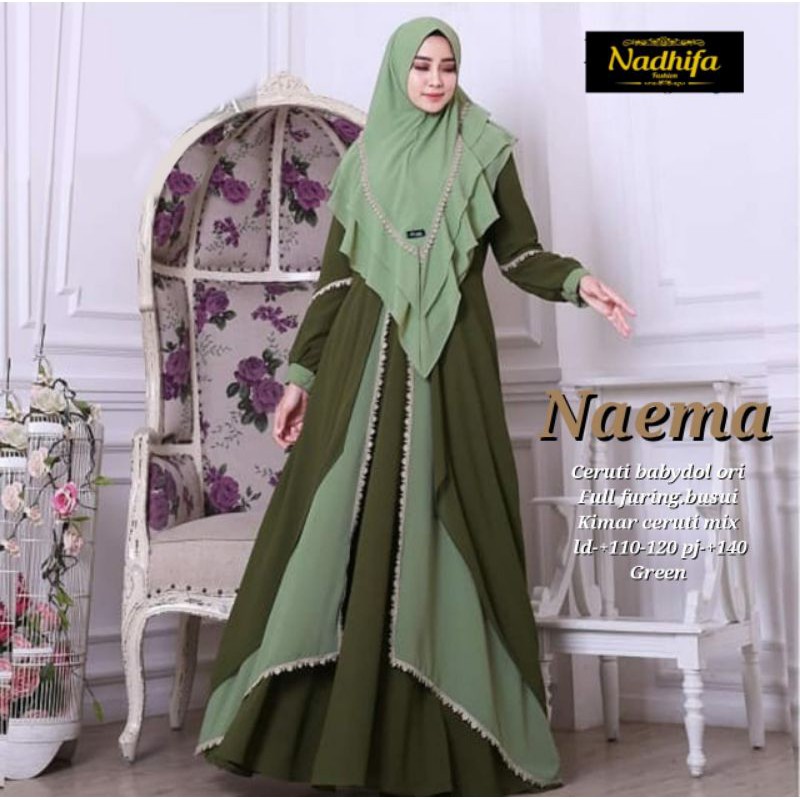 NAEMA SET Setelan Gamis Syari Wanita Ceruty Babydoll Full Furingix Renda Busui Terbaru Lebaran 2021