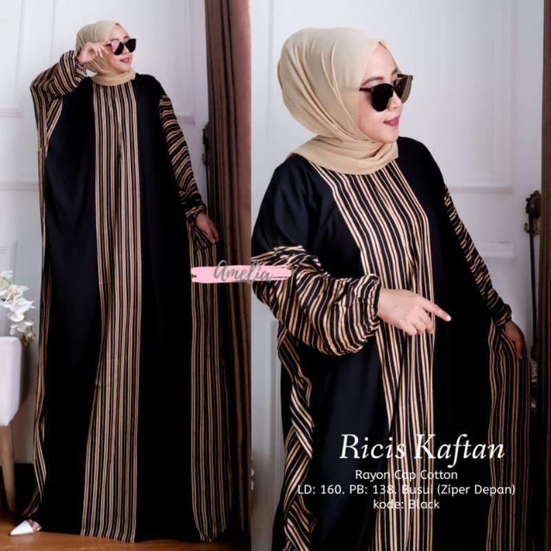 Ricis Kaftan - Kaftan Wanita Jumbo XXXL Busui Resleting Lengan Panjang Motif Garis Lurik / Gamis Kaftan