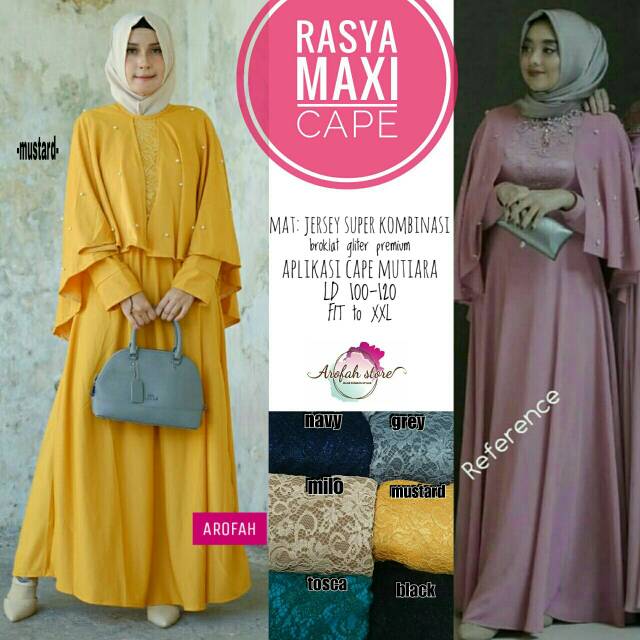 Baju Muslim Gamis Syari Maxi Dress Maxy Rasya Cape Mutiara Katun Jepang Polos Murah Terbaru Jersey