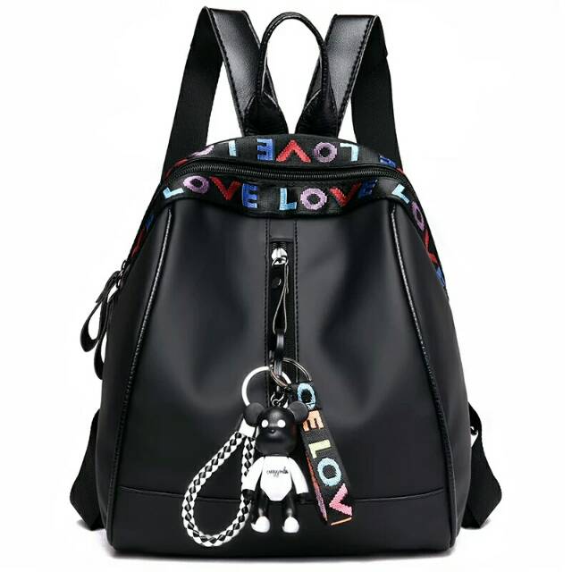 Ransel Fashion Love Love Rainbow Free Boneka Mikey Backpack Wanita Hitam Dua Variasi Warna Pilihan