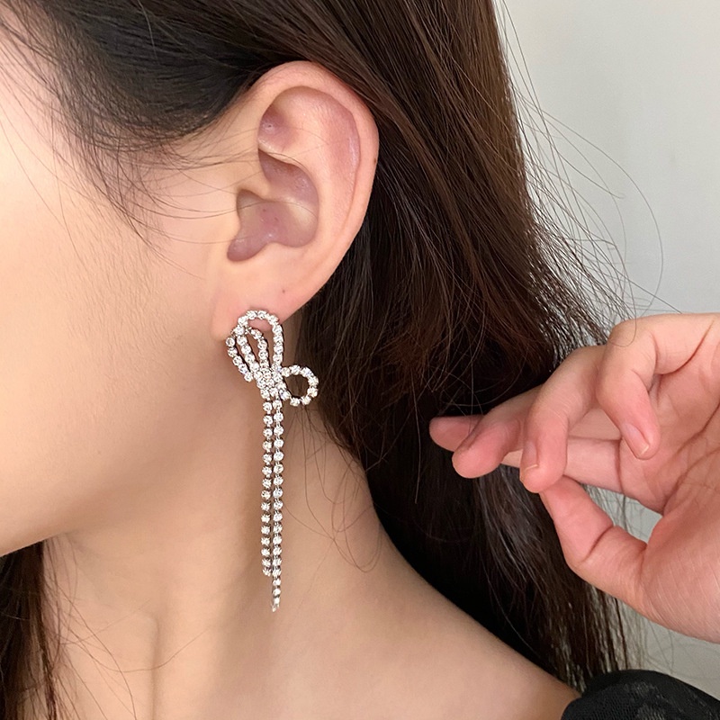 Anting Tusuk Gantung Wanita Desain Pita Hias Zircon + Kristal Untuk Pernikahan