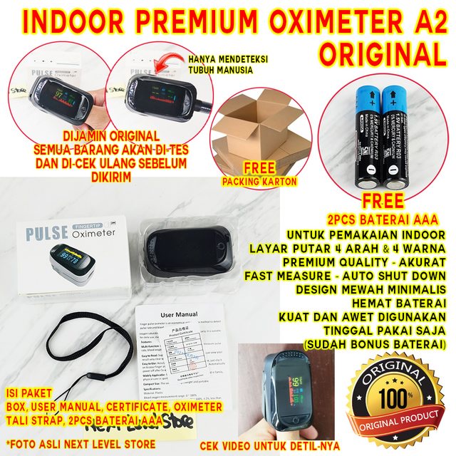 Oximeter Fingertip Indoor A2 Premium ORIGINAL - FREE BATERAI - Hitam