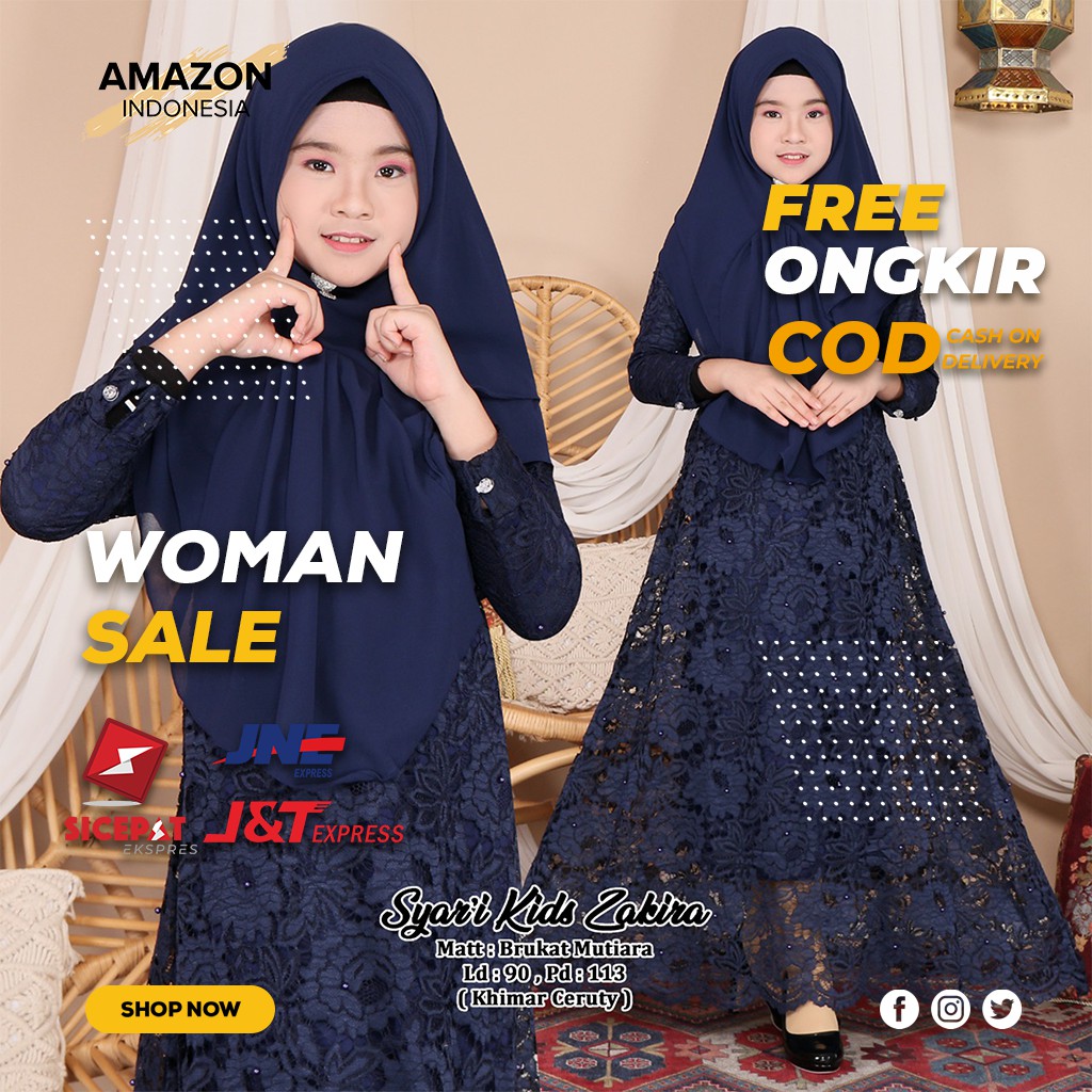 PAKAIAN MUSLIM ANAK PEREMPUAN WARNA NAVY BAHAN BRUKAT MUTIARA ORI FULL LURING GOOD QUALITY MURAH