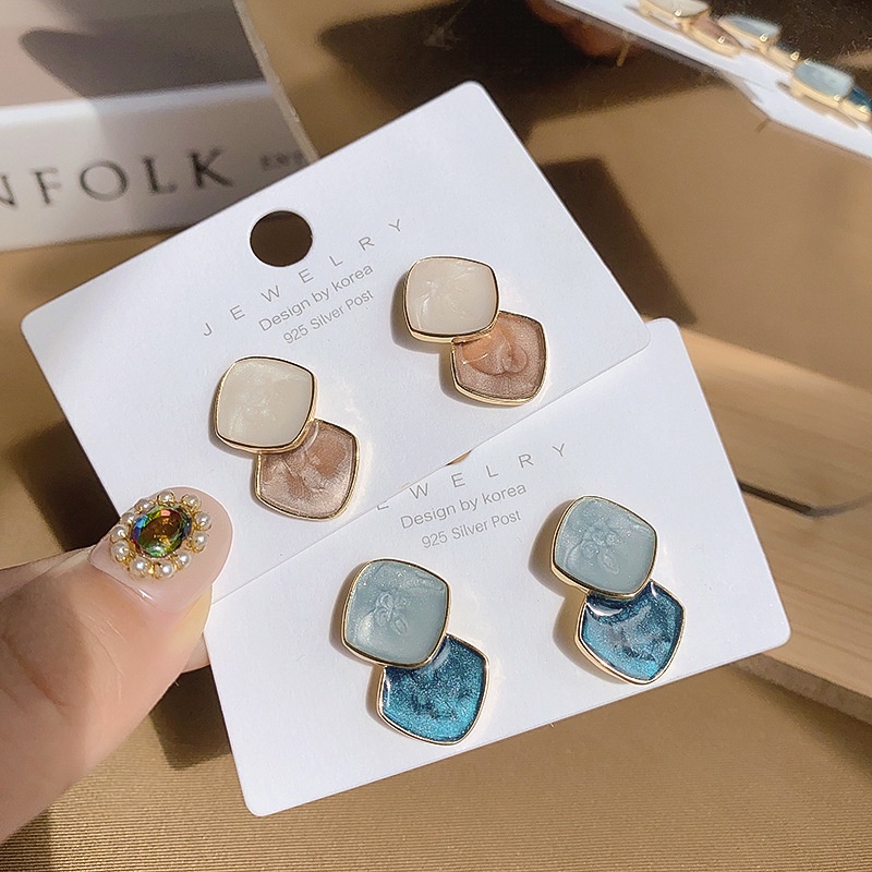 Anting Drop Bentuk Geometris Warna Biru Coklat Beige Gaya Retro