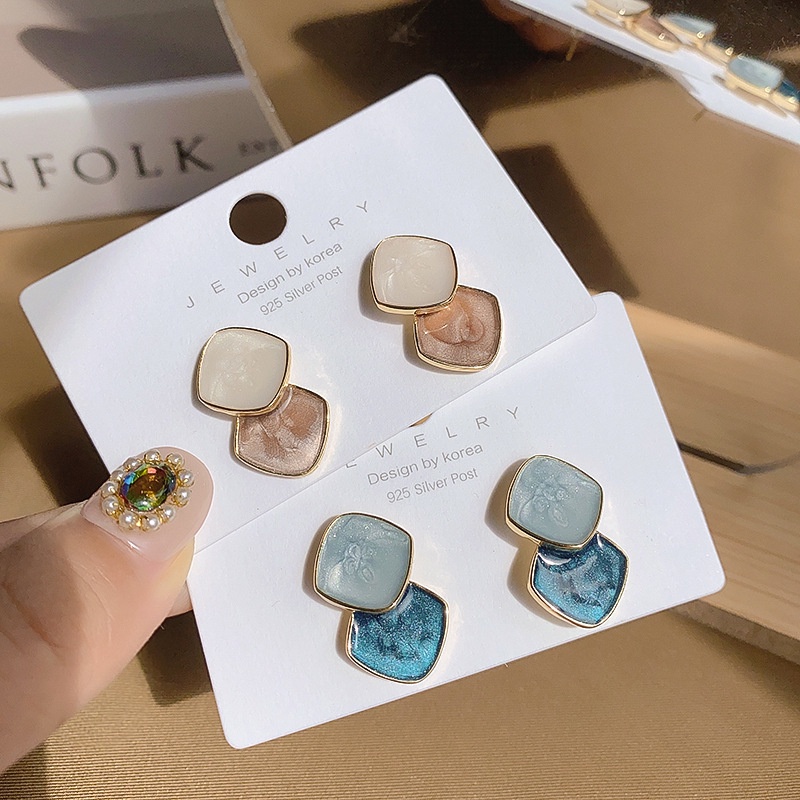 Anting Drop Bentuk Geometris Warna Biru Coklat Beige Gaya Retro