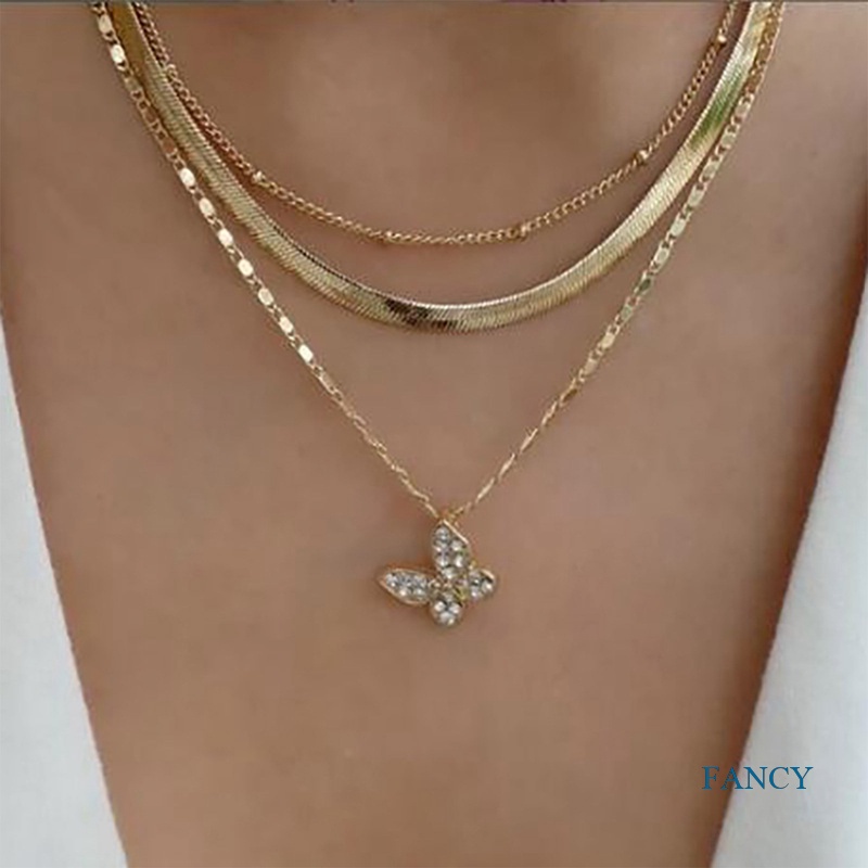 Kalung Rantai Tiga Lapis Bentuk Butterfly Moon Untuk Wanita