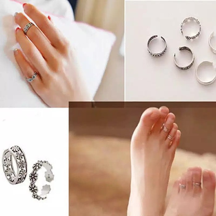 12Pcs Cincin Jari Kaki Motif Bunga Klasik Open Toe Adjustable